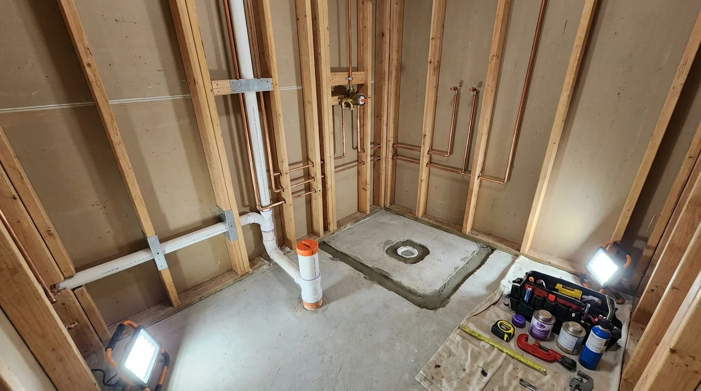 Bathroom rough-in plumbing during remodel by Johns Plumbing LLC in Kingsford