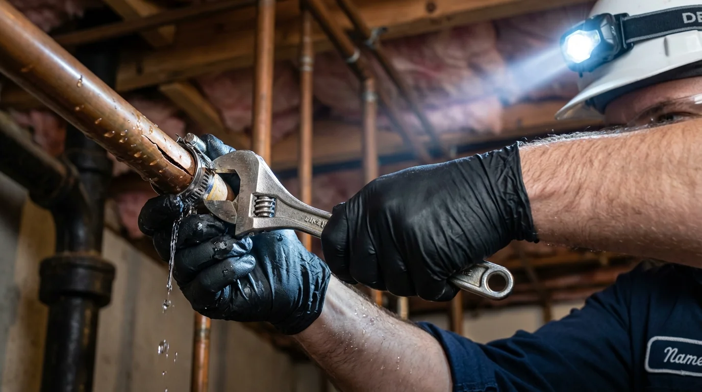 Emergency pipe clamp repair being performed by a Johns Plumbing LLC plumber in Kingsford