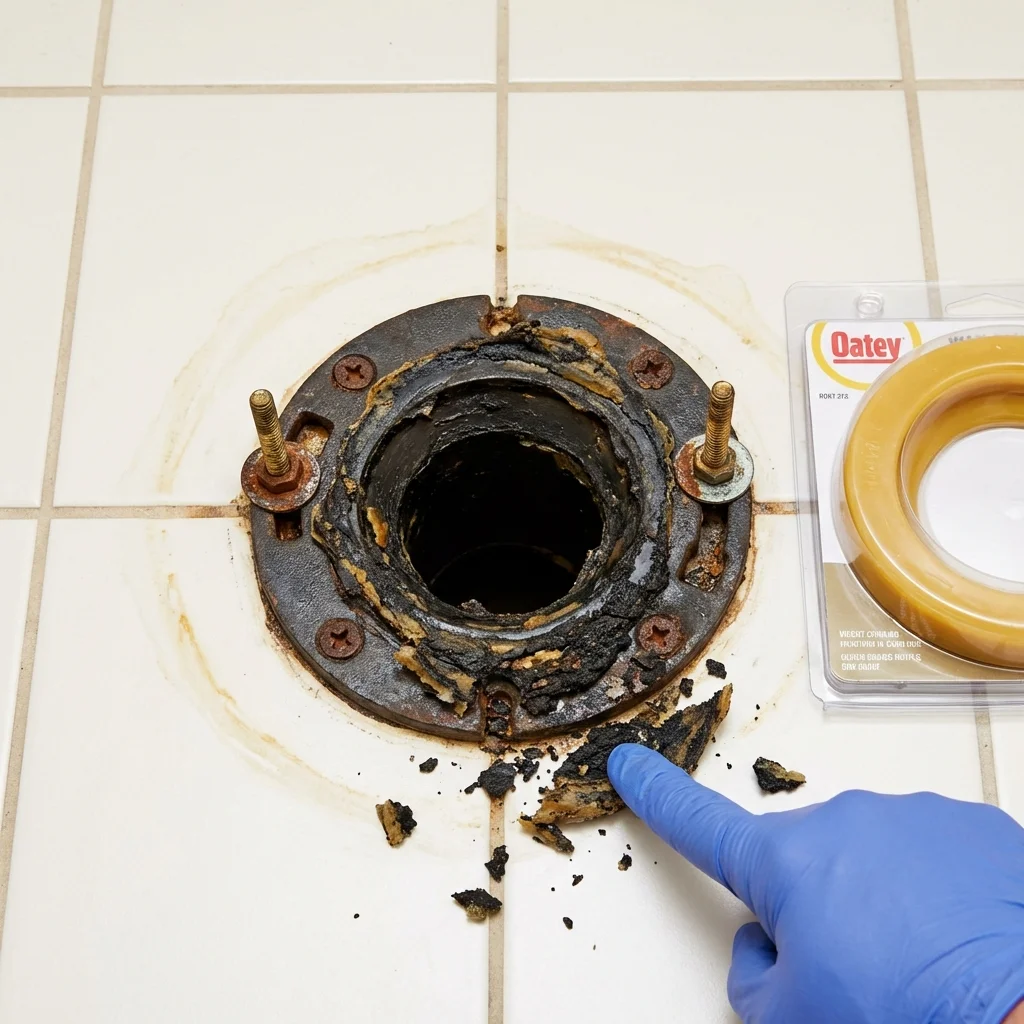 Failed wax ring showing water seepage at the base of a toilet in a Kingsford, MI home