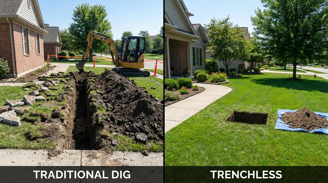 Trenchless sewer repair with minimal yard damage versus traditional excavation in Kingsford, MI