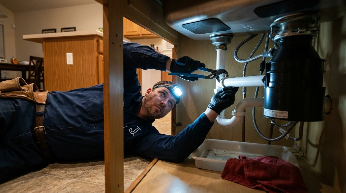 P-trap and supply line connections under a kitchen sink showing a common leak point in Kingsford, MI